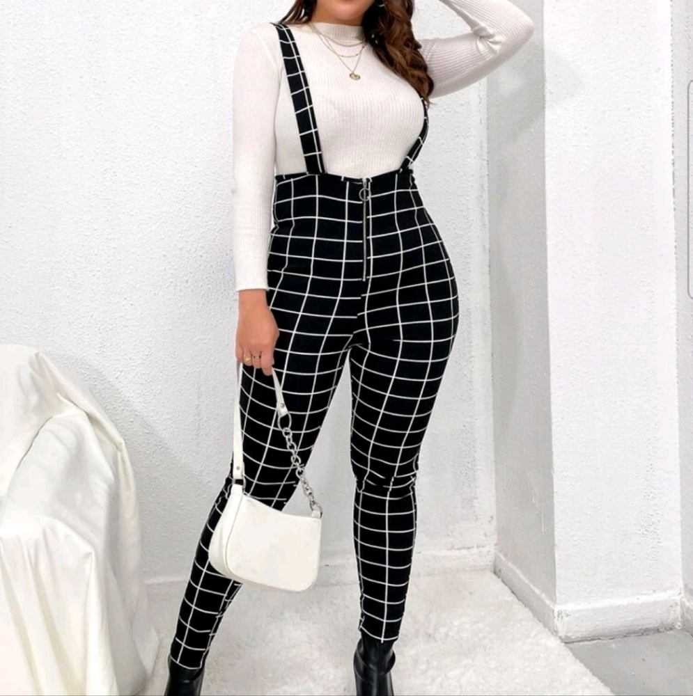 Plus plaid print zipper front skinny overall jumpsuit